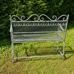 Banc de jardin ancien en métal patiné vert-de-gris vue arrière