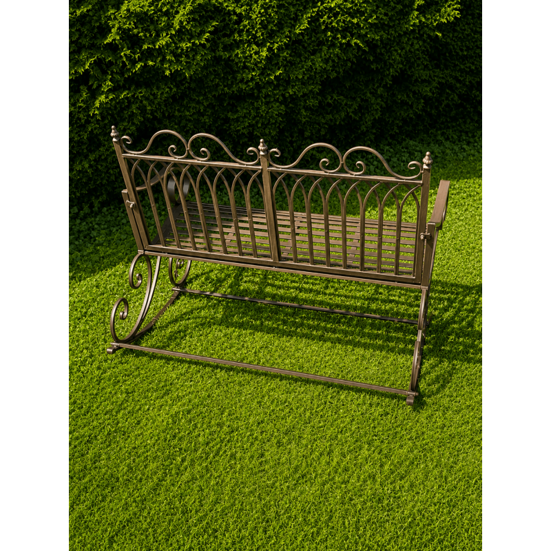 Banc à bascule de jardin en métal patiné brun ancien vue arrière