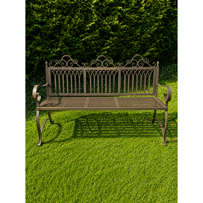 Banc de jardin 3 places en métal patiné avec tablette centrale baissée