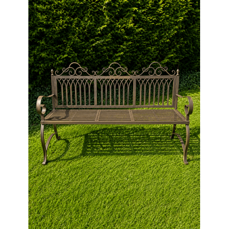 Banc de jardin 3 places en métal patiné avec tablette centrale baissée