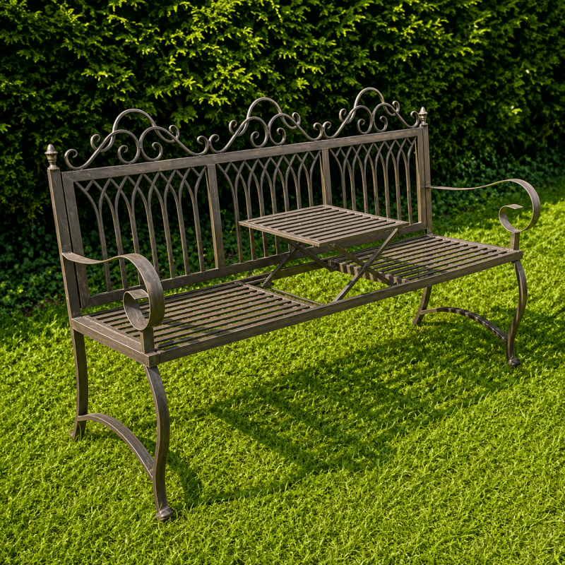 Banc de jardin 3 places en métal patiné avec tablette centrale relevable