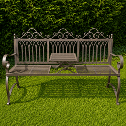 Banc de jardin 3 places en métal patiné avec tablette centrale relevable vue de face