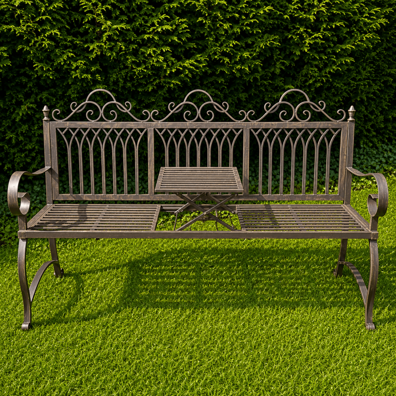 Banc de jardin 3 places en métal patiné avec tablette centrale relevable vue de face