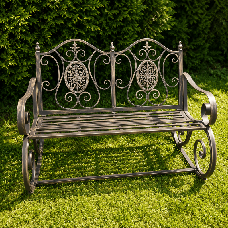 Rocking-chair de jardin en métal marron patiné avec médaillons en fonte