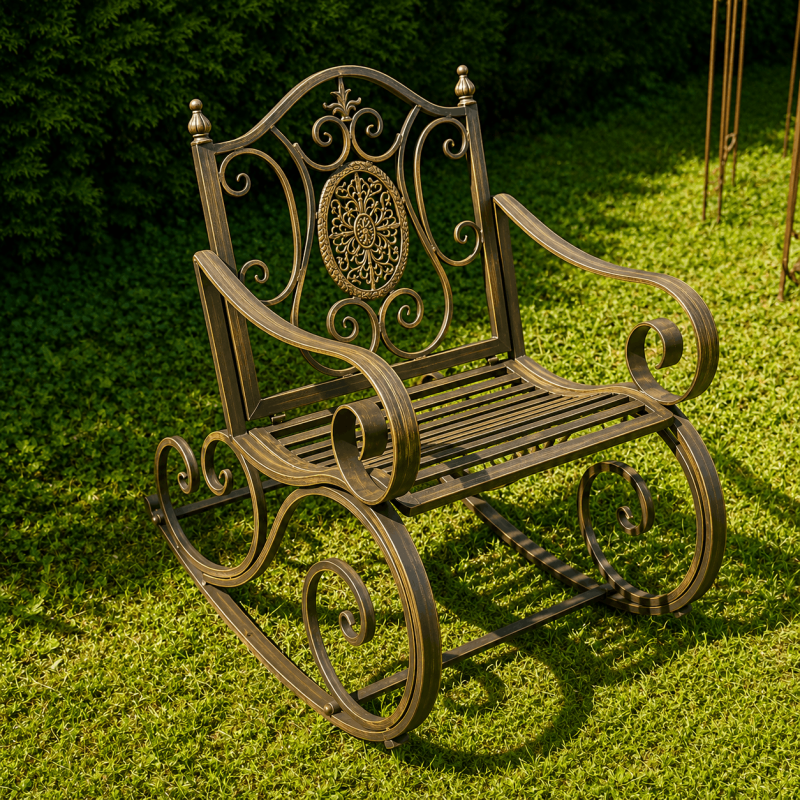 Rocking-chair de jardin 1 place en métal marron patiné avec médaillon en fonte