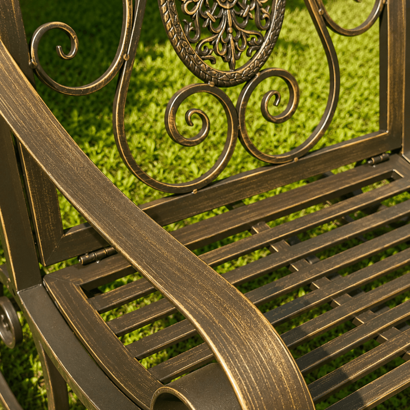 Rocking-chair de jardin 1 place en métal marron patiné avec médaillon en fonte