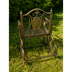 Rocking-chair de jardin 1 place en métal marron patiné avec médaillon en fonte