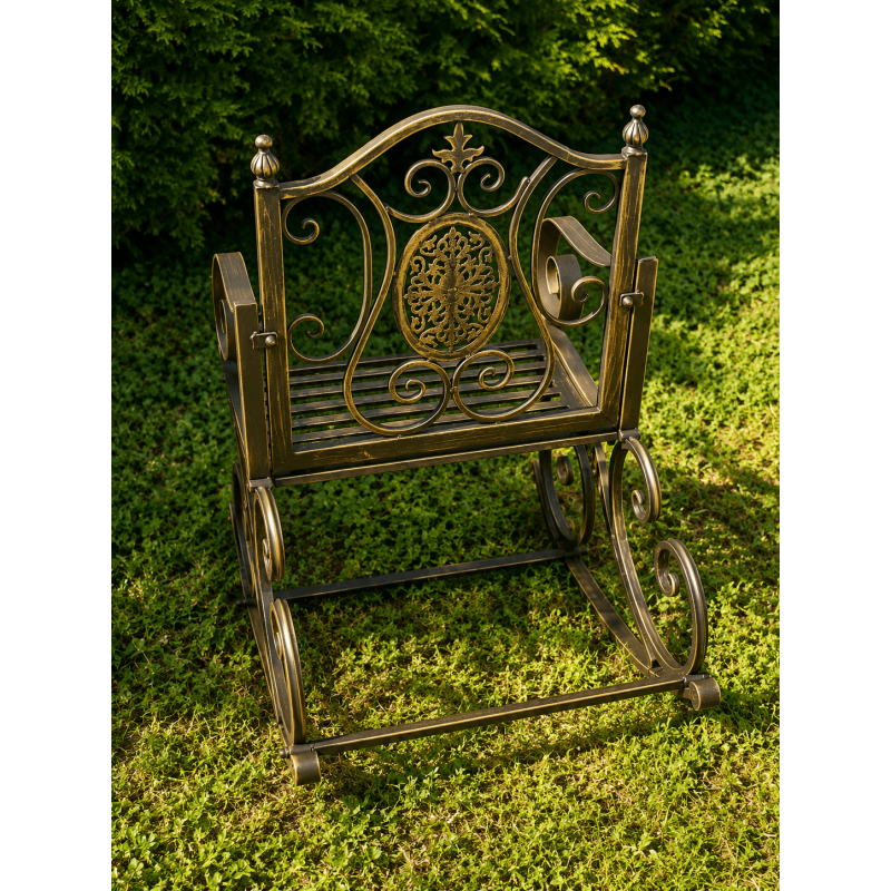 Rocking-chair de jardin 1 place en métal marron patiné avec médaillon en fonte