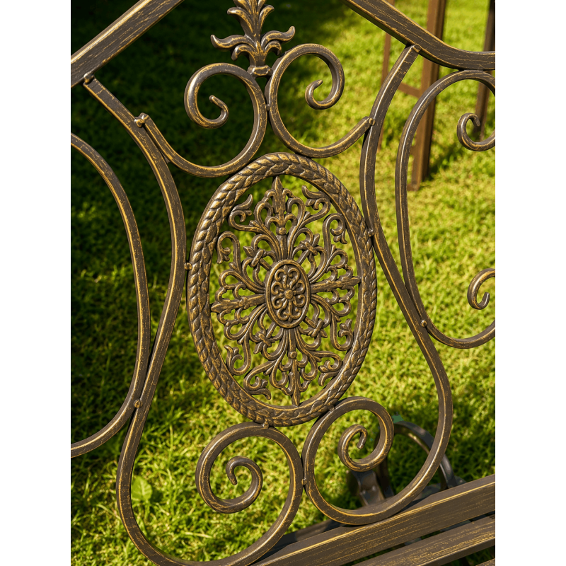 Rocking-chair de jardin 1 place en métal marron patiné avec médaillon en fonte
