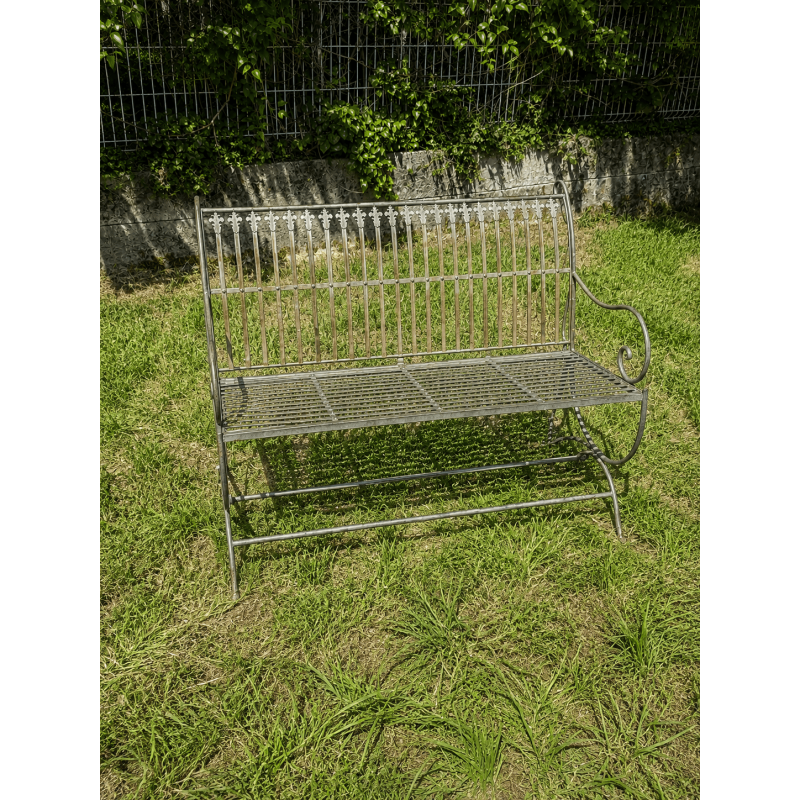Banc de jardin en métal patiné vert-de-gris rouille – Style ancien vue de face