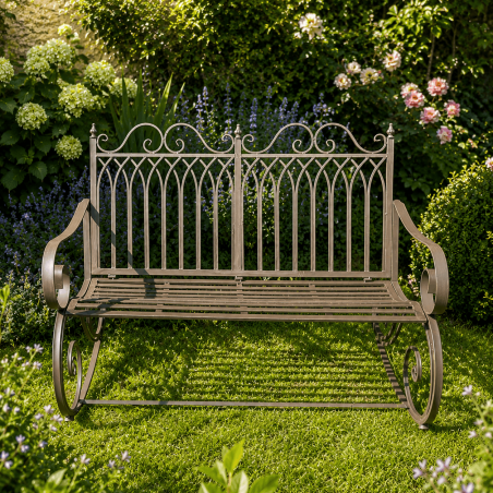 Banc à bascule de jardin en métal patiné brun ancien