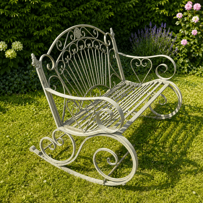 rocking-chair de jardin romantique en métal patiné vert antique