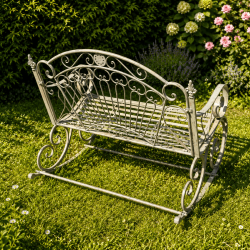 Banc à bascule jardin romantique en métal patiné vert antique vue arrière