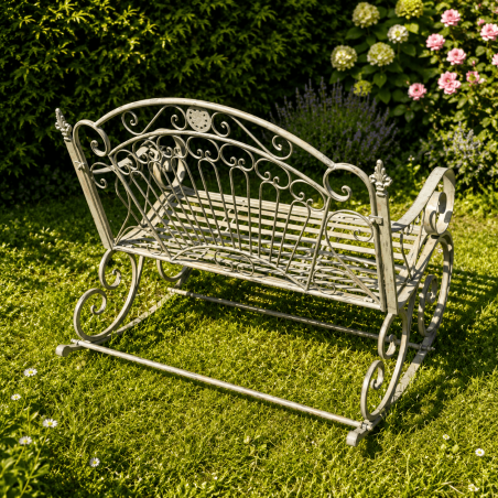 Banc à bascule jardin romantique en métal patiné vert antique vue arrière