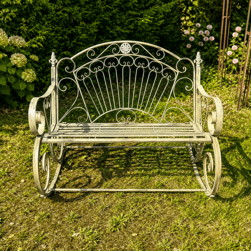 Banc à bascule jardin romantique en métal patiné vert antique