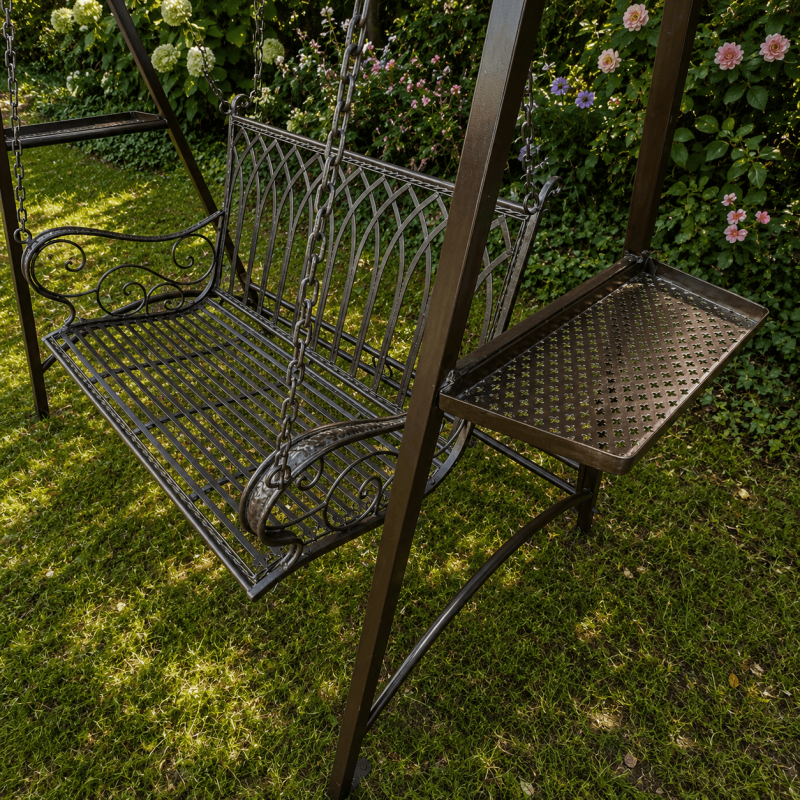 Balancelle de jardin 2 places métal marron avec tablettes rabattables