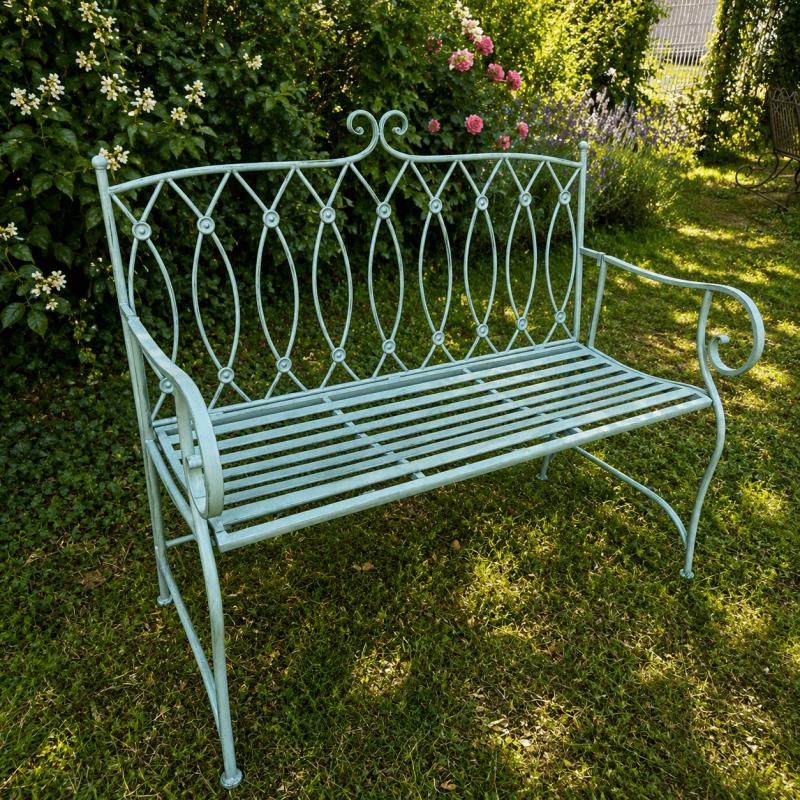 Banc de jardin vert d’eau en métal patiné – Style romantique
