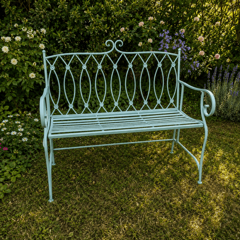 Banc de jardin vert d’eau en métal patiné – Style romantique