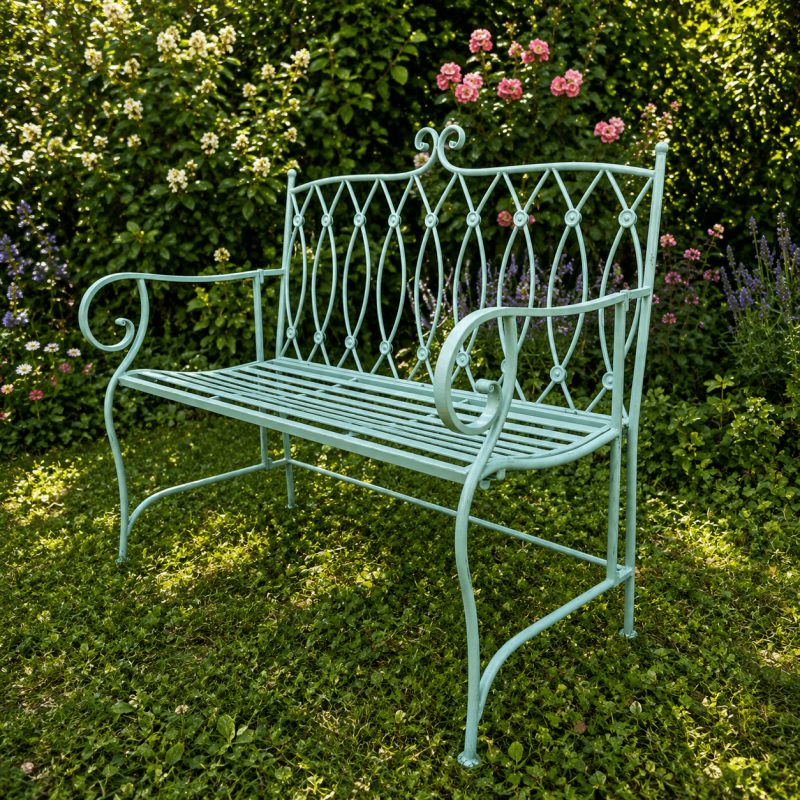 Banc de jardin vert d’eau en métal patiné – Style romantique