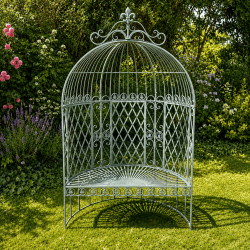 Banc arche de jardin en métal patiné vert-de-gris – Assise romantique pour rosiers et clématites