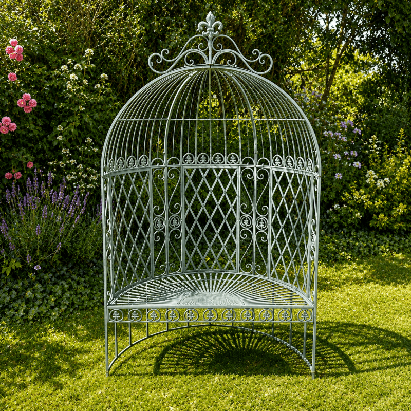 Banc arche de jardin en métal patiné vert-de-gris – Assise romantique pour rosiers et clématites
