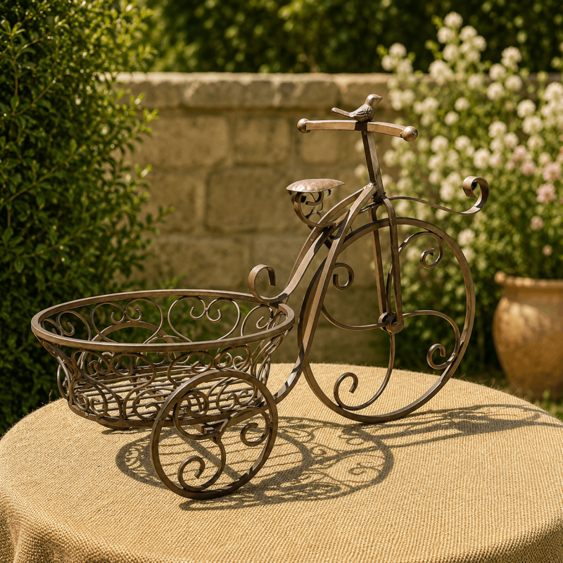 Porte-plante tricycle marron patiné en métal