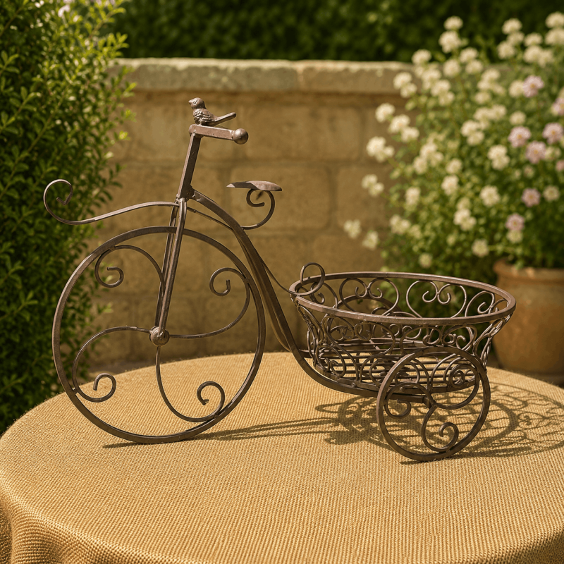 Porte-plante tricycle marron patiné en métal