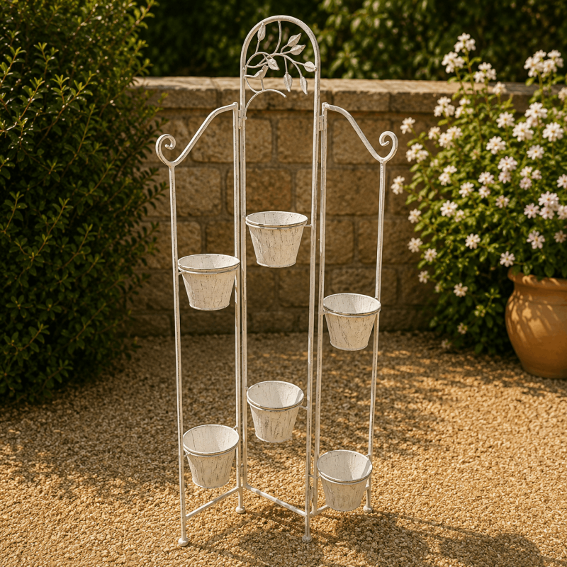 Porte-plante 6 pots en métal gris patiné ancien