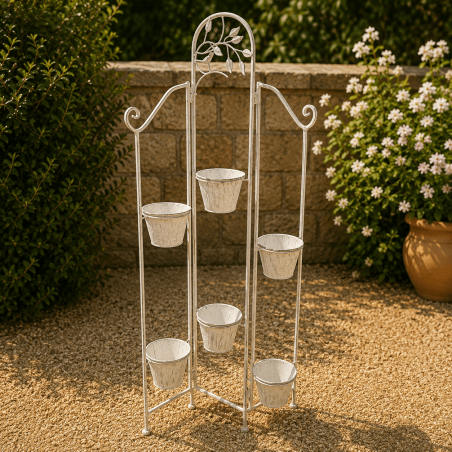 Porte-plante 6 pots en métal gris patiné ancien