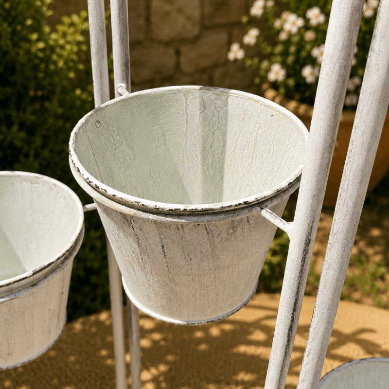 Porte-plante 6 pots en métal gris patiné ancien- vue des pots