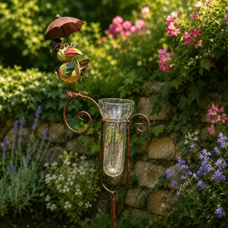 Pluviomètre décoratif de jardin oiseau sous parapluie