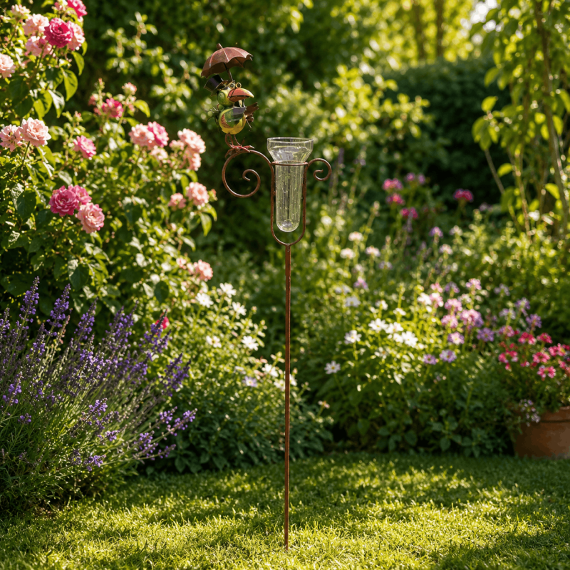 Pluviomètre décoratif de jardin oiseau sous parapluie- vus d'ensemble