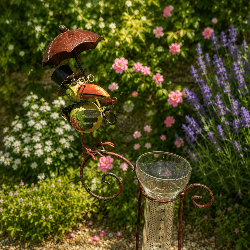 Pluviomètre décoratif de jardin oiseau sous parapluie- vu de dessus