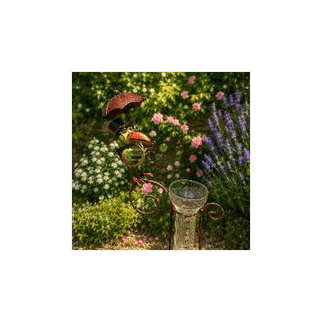 Pluviomètre décoratif de jardin oiseau sous parapluie- vu de dessus