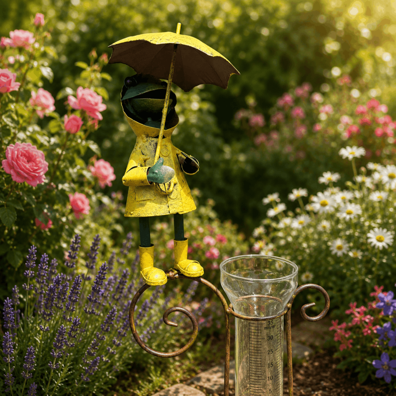 Pluviomètre décoratif grenouille au ciré jaune- vue de la grenouille