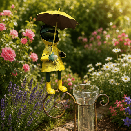 Pluviomètre décoratif grenouille au ciré jaune- vue de la grenouille