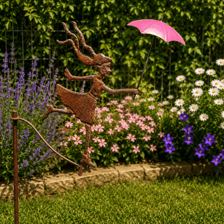 Mobile de jardin « Dame au parapluie rose »- vue de la dame