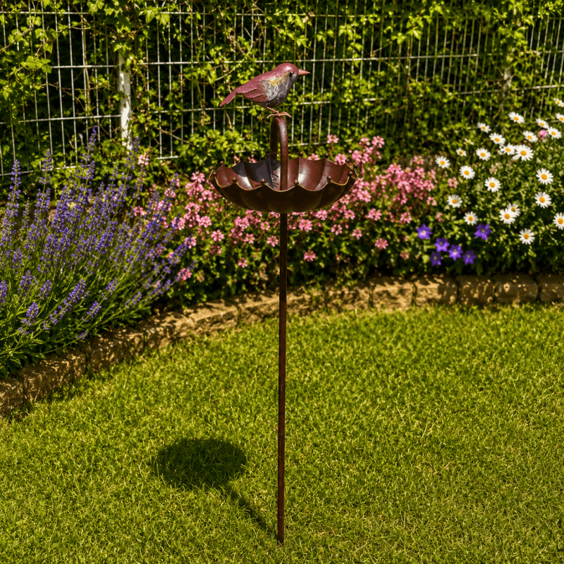 Abreuvoir mangeoire à oiseaux sur pic couleur rouille