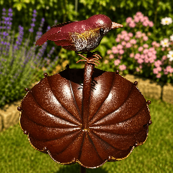 Abreuvoir mangeoire à oiseaux sur pic couleur rouille