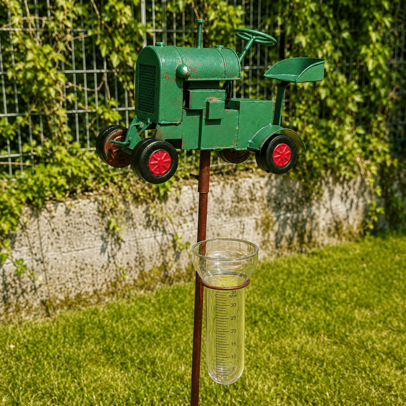 Pluviomètre décoratif tracteur vert