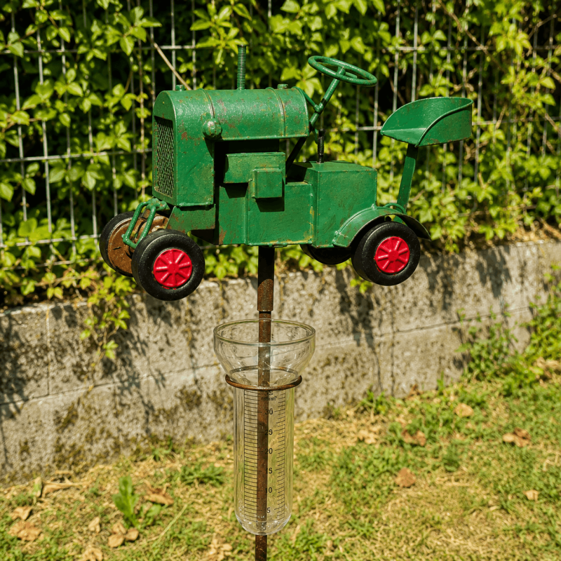 Pluviomètre décoratif tracteur vert- vue de côté