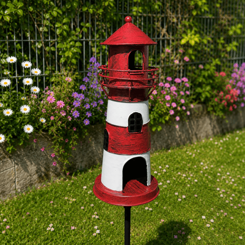 Pic décoratif de jardin phare rouge et blanc