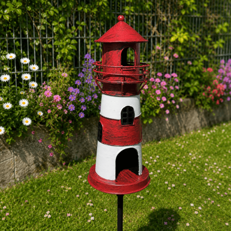 Pic décoratif de jardin phare rouge et blanc