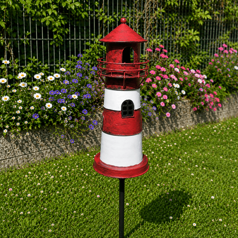 Pic décoratif de jardin phare rouge et blanc- vue de derrière