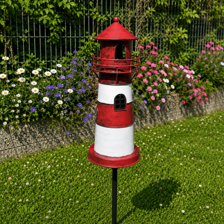 Pic décoratif de jardin phare rouge et blanc- vue de derrière