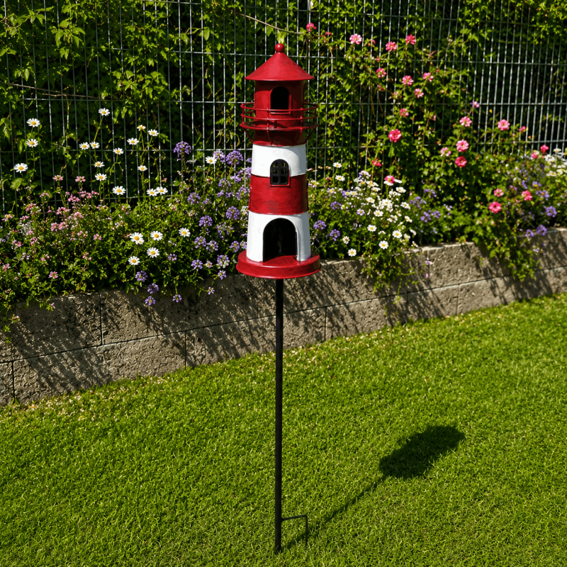 Pic décoratif de jardin phare rouge et blanc- vue d'ensemble