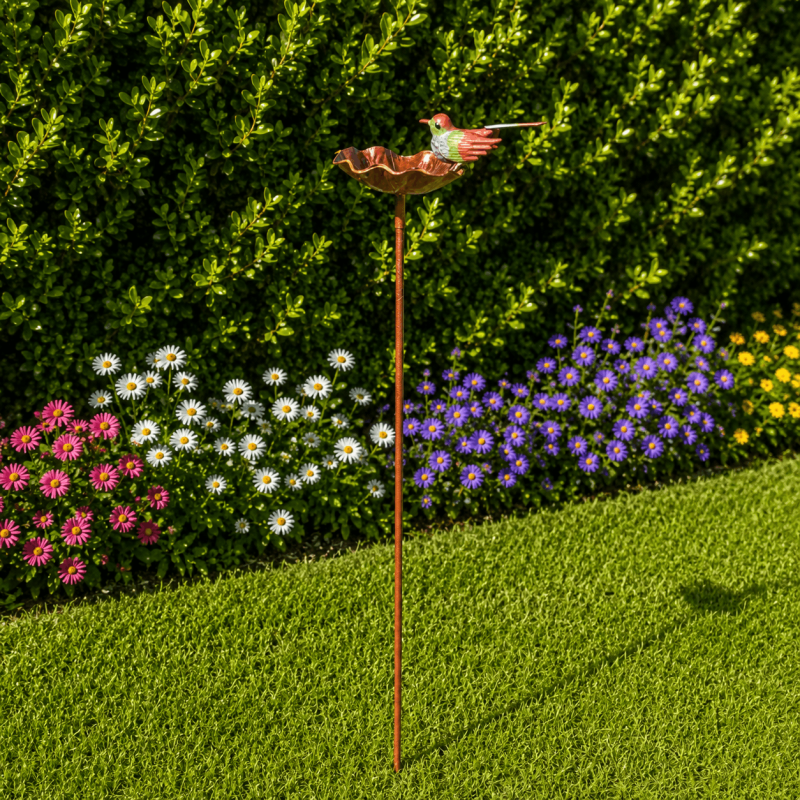 Bain d'oiseaux sur pied avec colibri décoratif- vue de côté