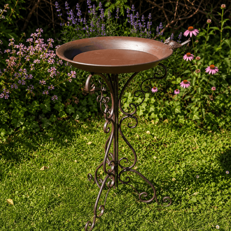 Bain d’oiseaux sur pied marron patiné – baignoire à oiseaux de jardin