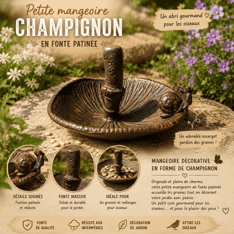 Petite mangeoire à oiseaux en fonte champignon avec escargot