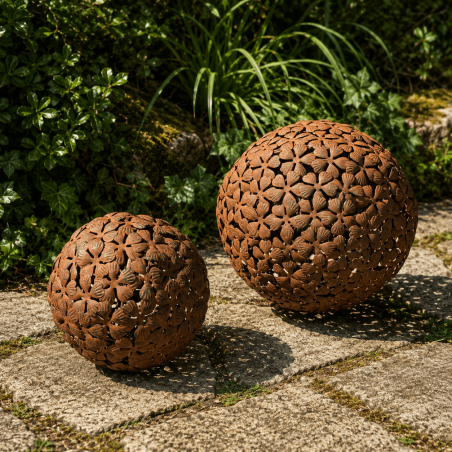 Boule de décoration de jardin motif fleurs – Sculpture extérieure en métal effet rouille